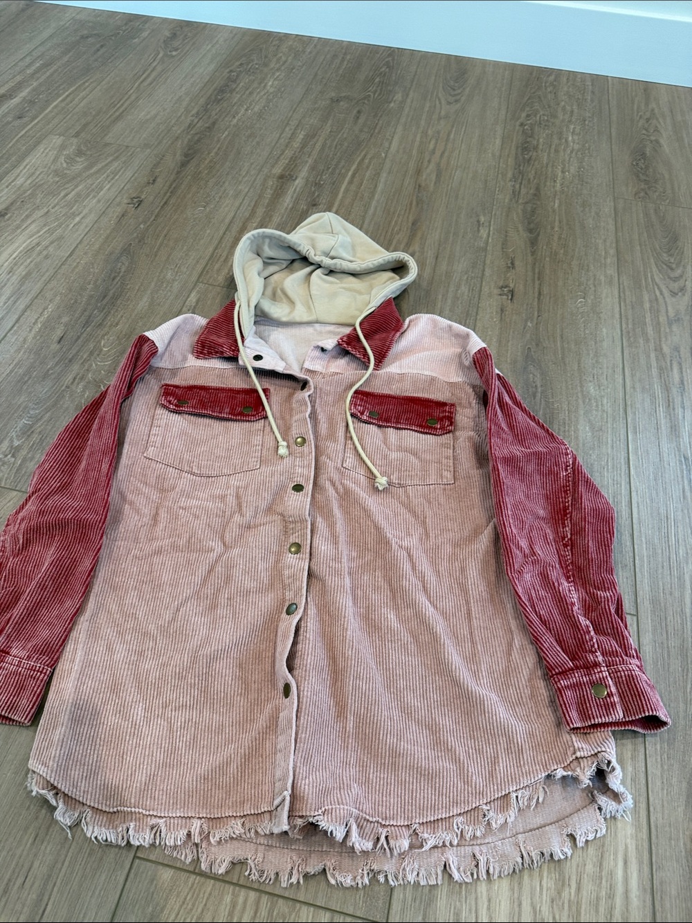 Women’s Three-Tone Corduroy Hooded Utility Jacket in Dusty Rose shades